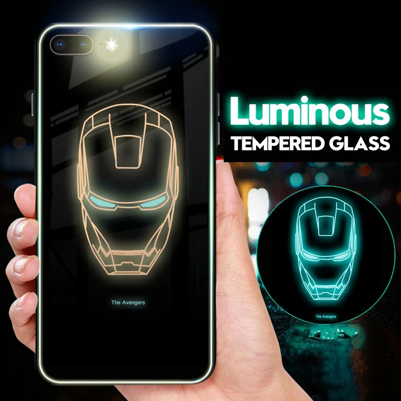 Superman Spiderman Tiger Deer Phoenix Luminous Glass Case For iphone 7 8 6 6s Plus X XR XS Max iron Man Captain America Cover | Мобильные