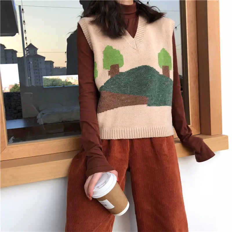

Casual Women Knit Sweater Vests 2019 Spring Sweet Pattern Knit Sleeveless Tops Female Fashion V-neck Retro Sweater Pullover f105