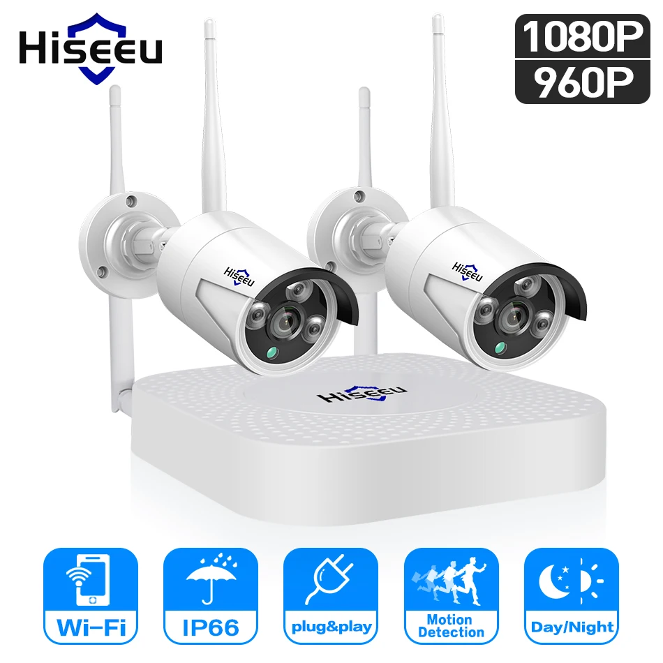 IP камера системы Hiseeu Wi-Fi система камер домашней безопасности, Wi-Fi, 4CH 1080P CCTV NVR комплект 2 шт. 960 P/1080 P беспроводная камера видеонаблюдения