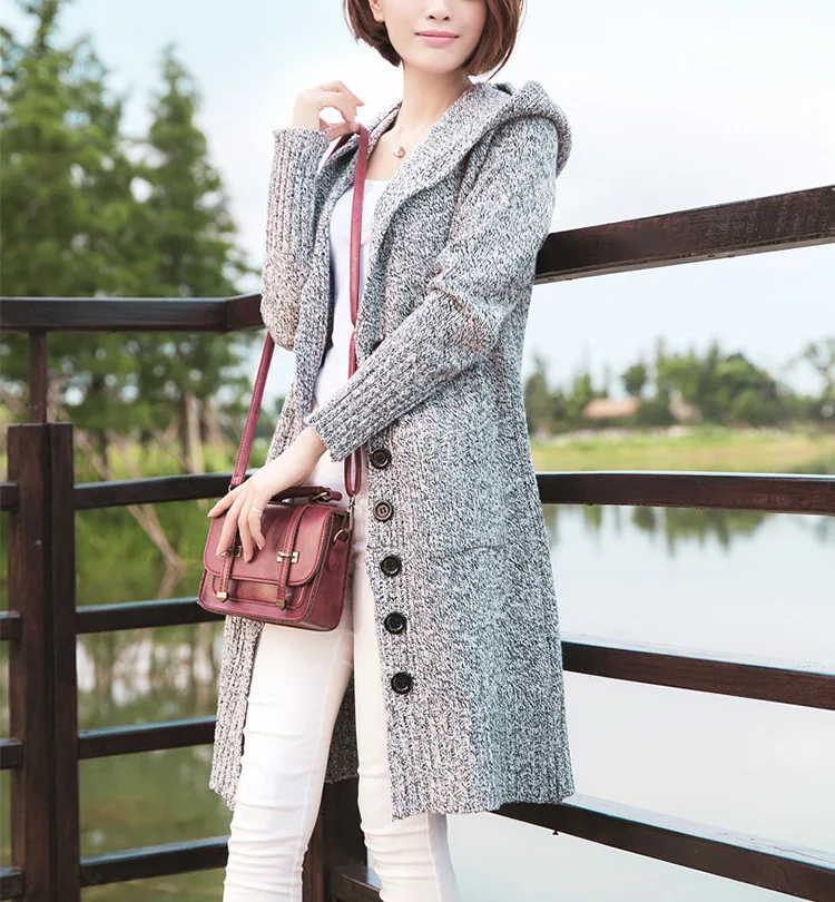 Korean version of the ride in long hooded single-breasted large pocket women sweater thickened long-sleeved cardigan 17179 |