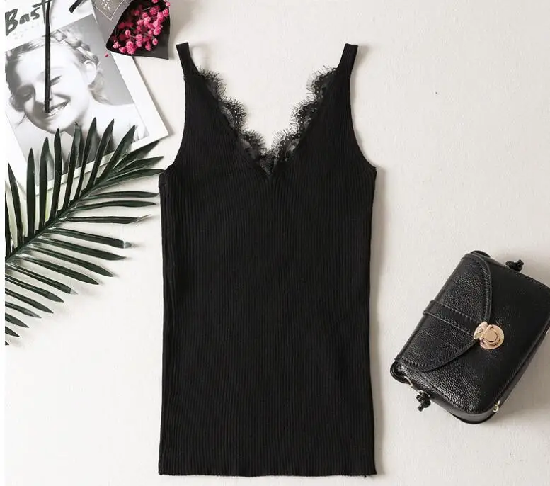 Женские трикотажные кружевные Топики тонкие сексуальные вязальные майки с v