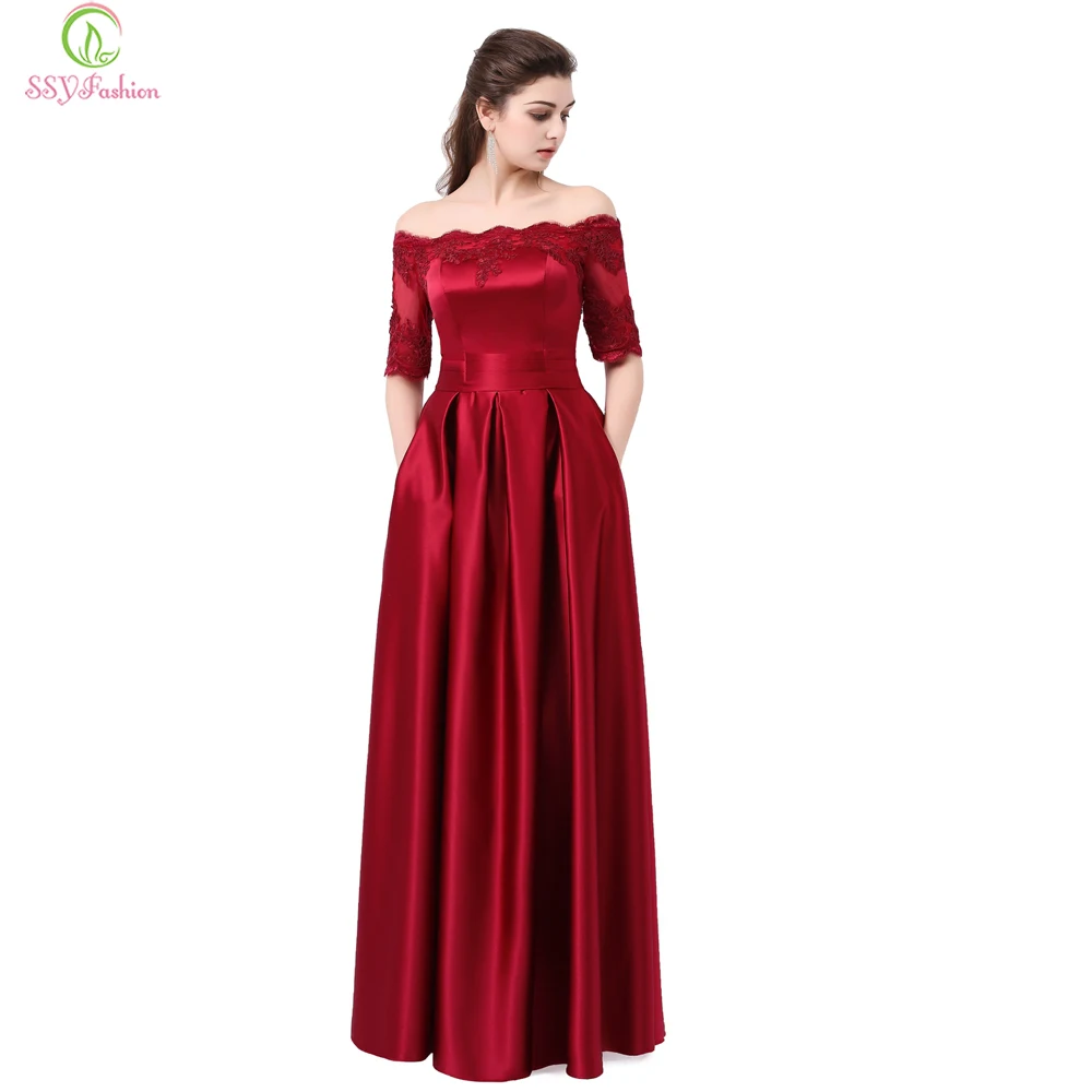 SSYFashion, красное вино, кружево, вышивка, Роскошный атлас, половина рукава, длинное вечернее платье, элегантное платье для банкета, Robe De Soiree