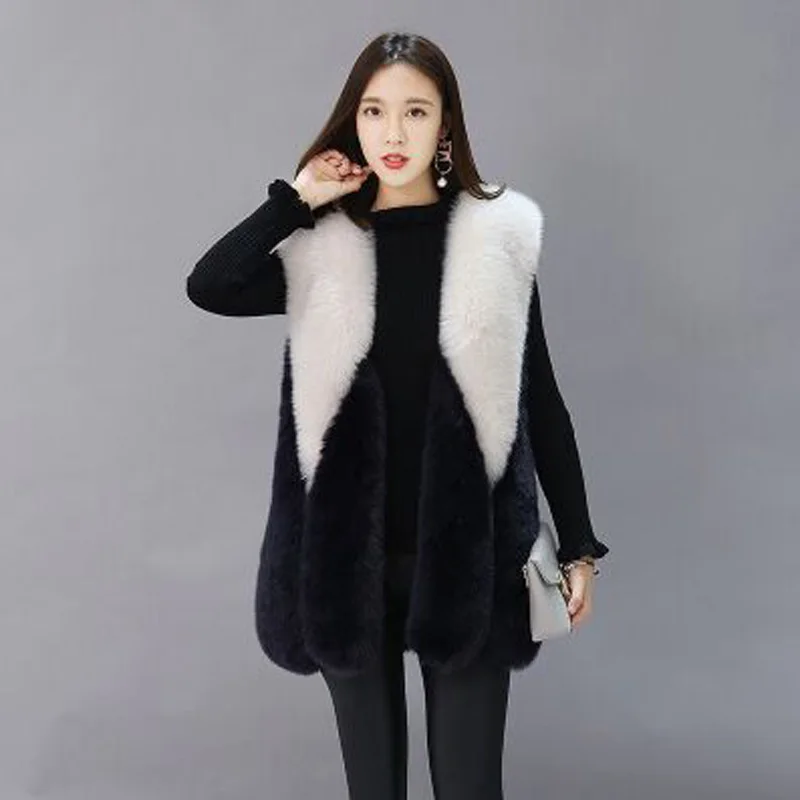 Beige black На осень-зиму Меховой жилет теплый раздел цвет длинный Лисий Меховой жилет Мода жилет из искусственного меха большие размеры пальто с мехом - Цвет: Beige black