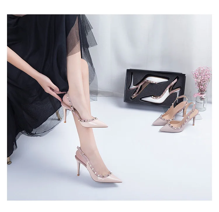 Hersevll Rivet High Heels Women's Sandals New Summer Large Size Thin Heel Sexy Top Single Shoe Pointed Toe Women's Sandals