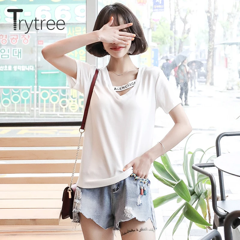 Летняя Повседневная Женская однотонная белая футболка Trytree с V образным вырезом