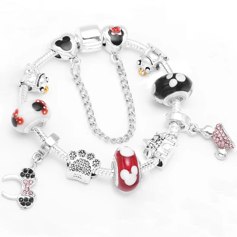 Boosbiy Dropshipping Cute Mickey Minnie Charm Bracelet For Women Kids With Silver Snake Chain Brand Bracelet Christmas Jewelry