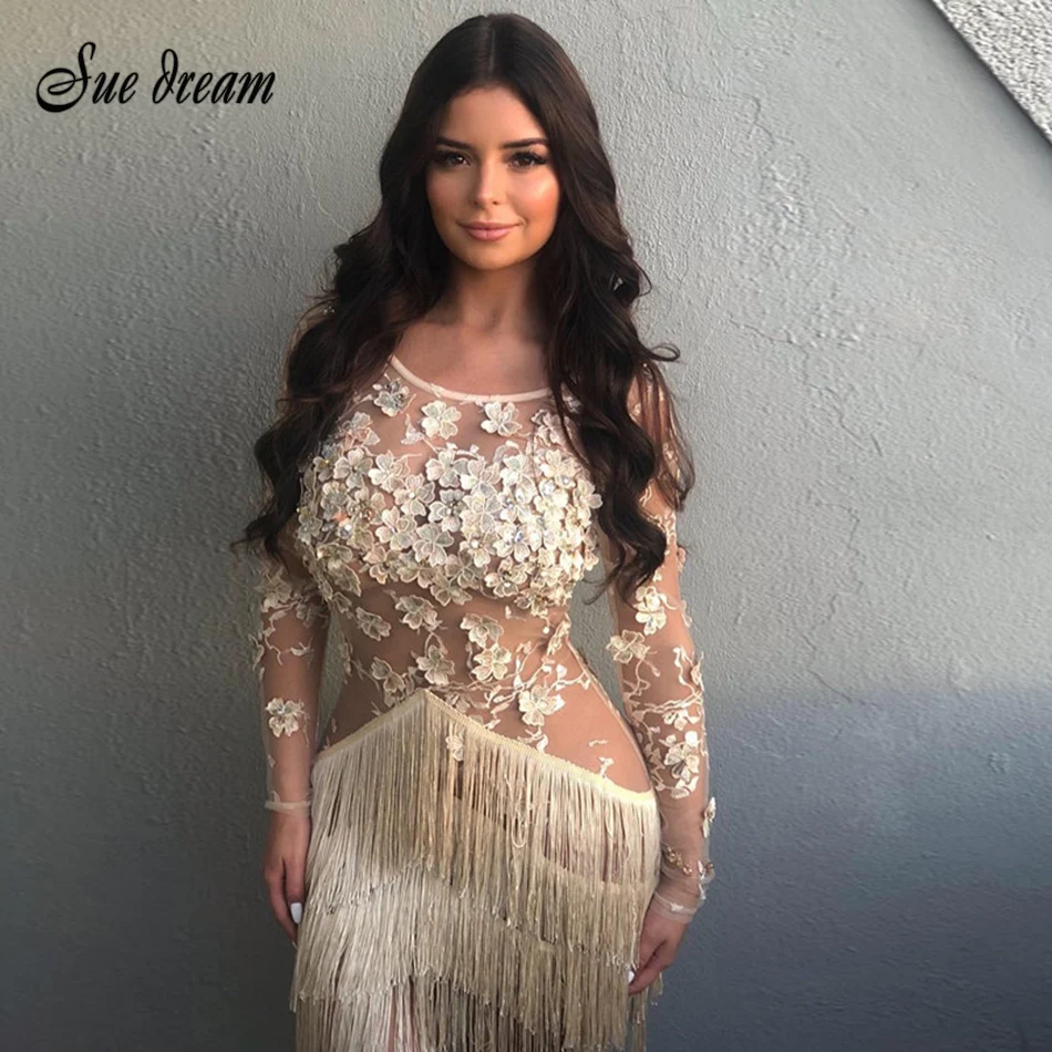 Модное кружевное мини-платье с бахромой длинным рукавом сексуальное телесного