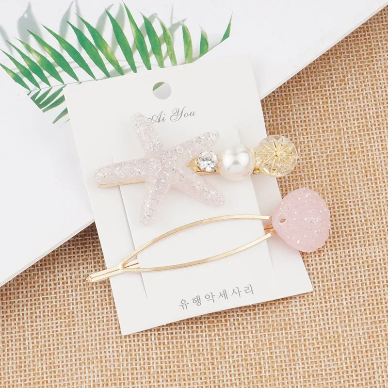 light pink 2 шт./компл. новая блестящая заколка в виде морской звезды ассиметричная небесно-голубая пляжная оболочка заколки для волос для девочек жемчужные хрустальные утенки шпильки женские заколки - Цвет: light pink