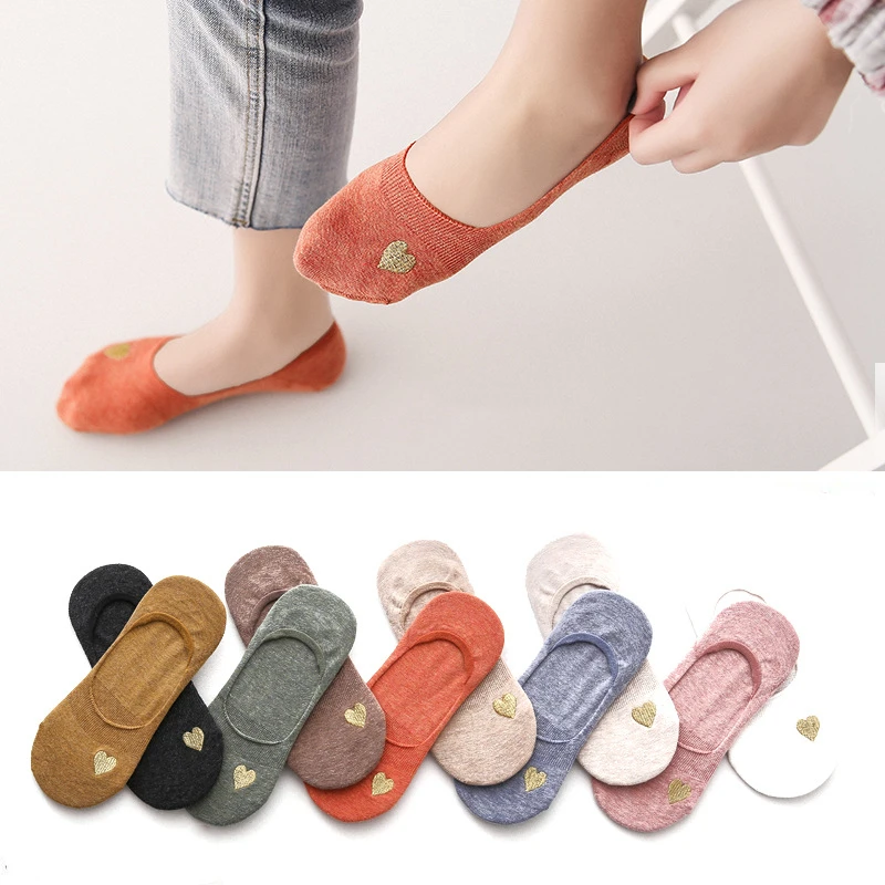 Женские короткие носки летние хлопковые с милыми сердечками тапочки лодочки