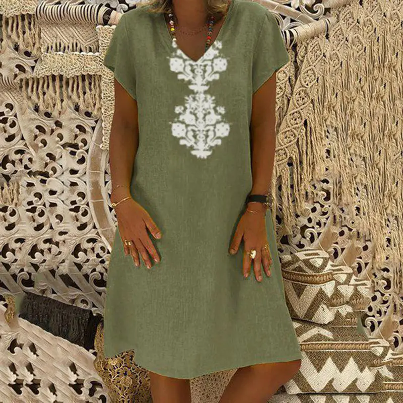 army green dress Летние платья Robe Femme Ete пляжные хиппи бохо размера плюс платья для женщин 4xl 5xl линия Sukienka льняная одежда из хлопка - Цвет: army green dress