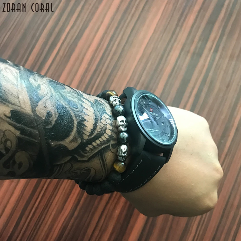 Зоран Коралл роскошный бренд хип-хоп стиль Лава бусины браслет Череп Скелет
