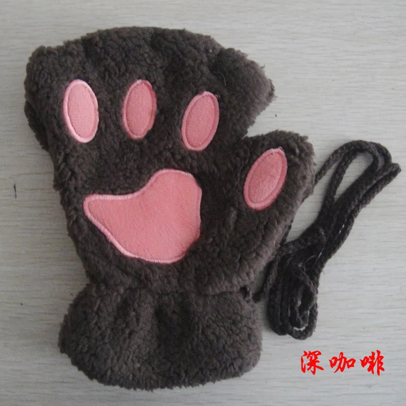 Winter cute cartoon cat girl mitt thickening fluff bear paw half finger gloves G22 - Цвет: Coffee