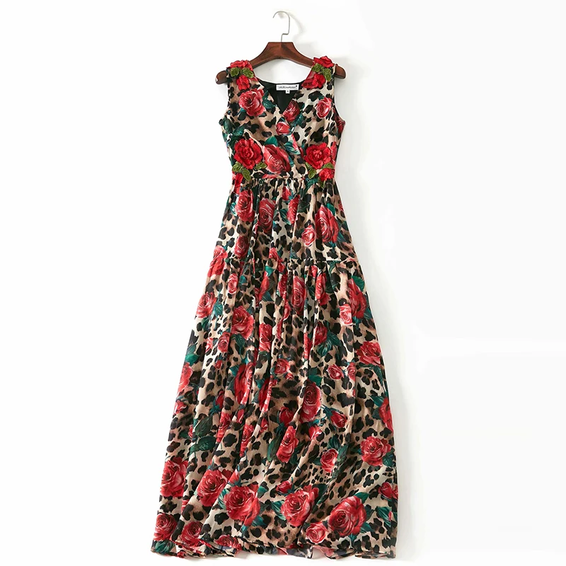 Женское милое длинное платье с леопардовым принтом V_neck в европейском стиле весна