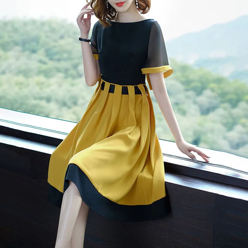 yellow Bohoartist, летнее женское платье, цветной блок, короткий рукав, пэчворк, о-образный вырез, желтое платье трапециевидной формы,, Элегантные повседневные платья для девочек - Цвет: yellow