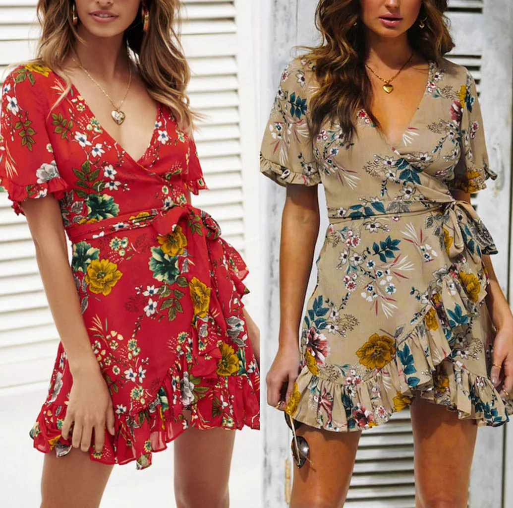 Модное женское пляжное мини платье с коротким рукавом v образным вырезом и