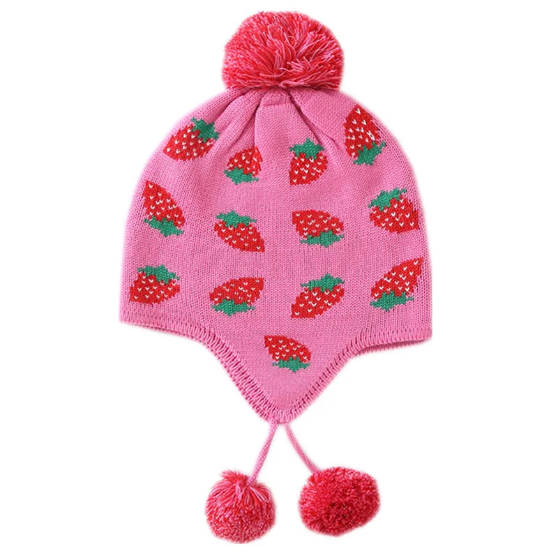 baby &amp kids girls fall winter strawberry print cotton casual earflap beanie hat children fashion cute knitted caps | Детская одежда