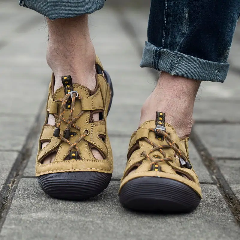 LAISUMK носимых и устойчивой нескользящей кожи Zapatos дышащая Для мужчин Обувь, сандалии мягкая подошва; летние пляжные шлепанцы Zapatillas