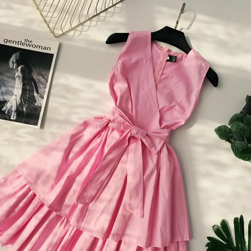 ALPHALMODA, летнее женское платье принцессы без рукавов с двойным слоем, с высокой талией, с поясом, для девушек, бальное платье, милое, с оборками, Vestidos