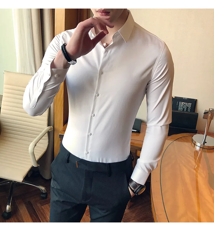 Повседневная рубашка Slim Fit Мужские рубашки бизнес Camisa Masculina с длинным рукавом сплошной цвет черный белый Высокое качество