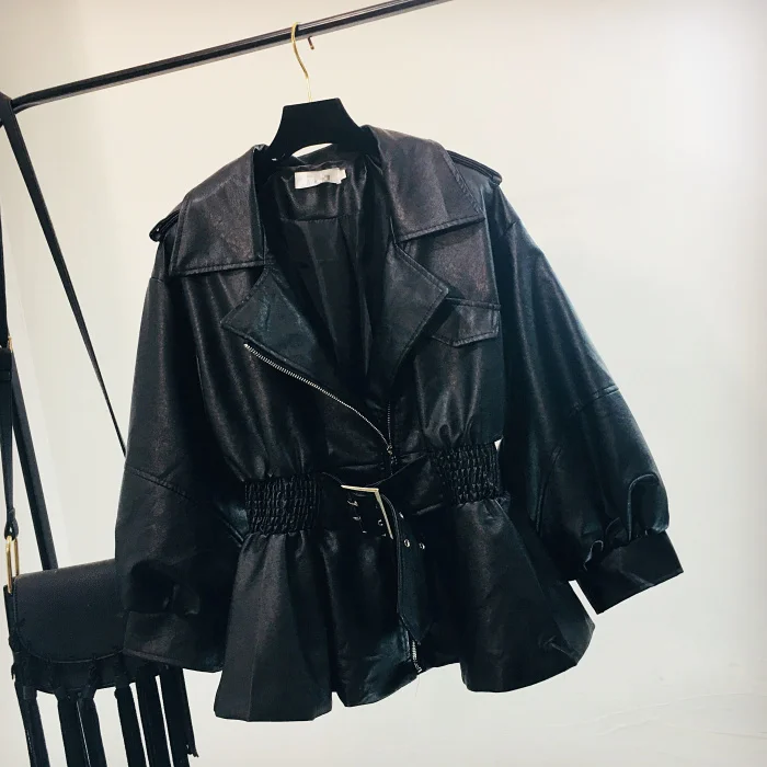 Женская куртка из искусственной кожи с эластичной резинкой на талии