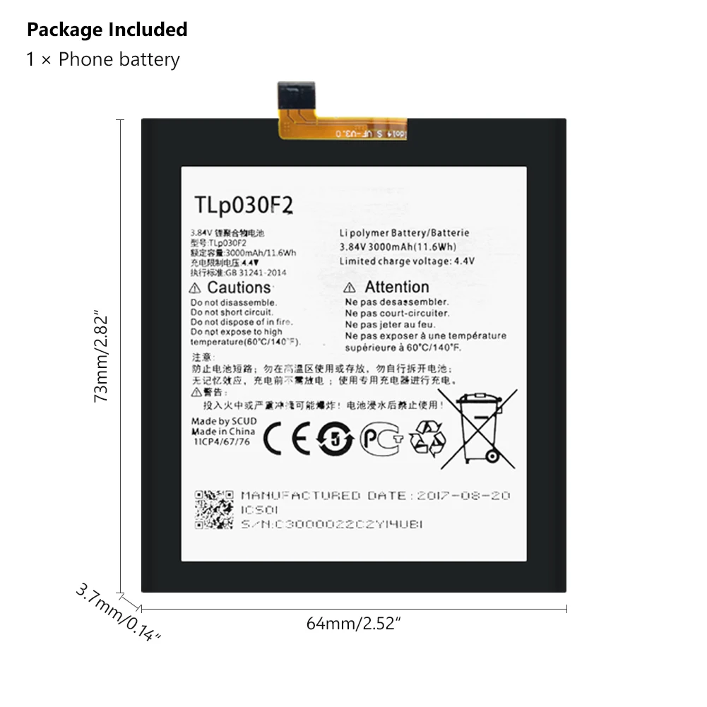TLp030F2 Battery 3000 мА/ч, TLp030F2 литий-полимерный Дополнительный внешний аккумулятор для мобильного телефона Батарея для Alcatel One Touch Idol 4S OT-6070 OT-6070K 6070Y батареи - Цвет: TLp030F2 Battery