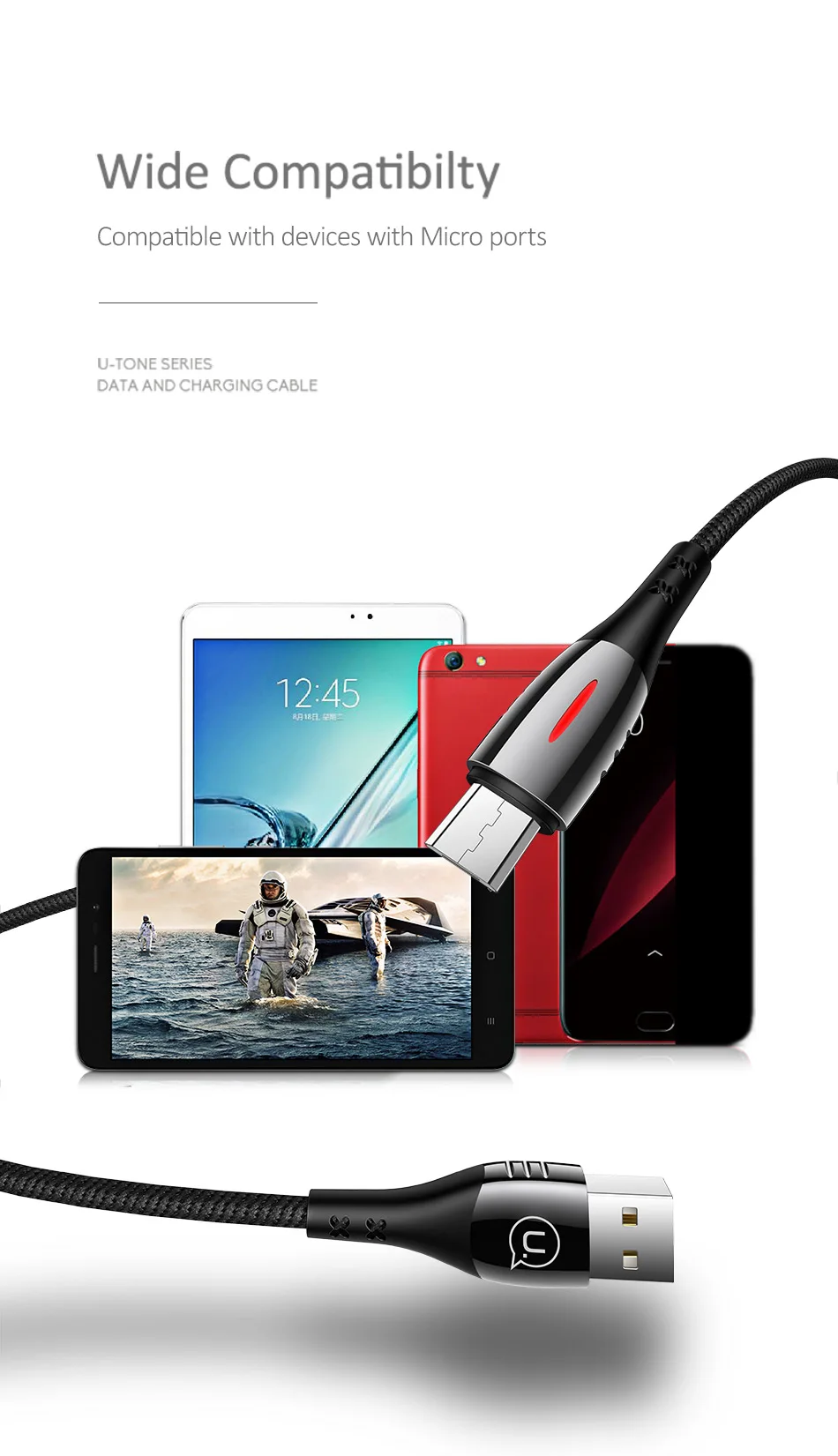 USAMS, Автоматическое отключение питания, кабель Micro USB, нейлоновый плетеный кабель, светодиодный кабель, поддержка QC 3,0, кабель для быстрой зарядки
