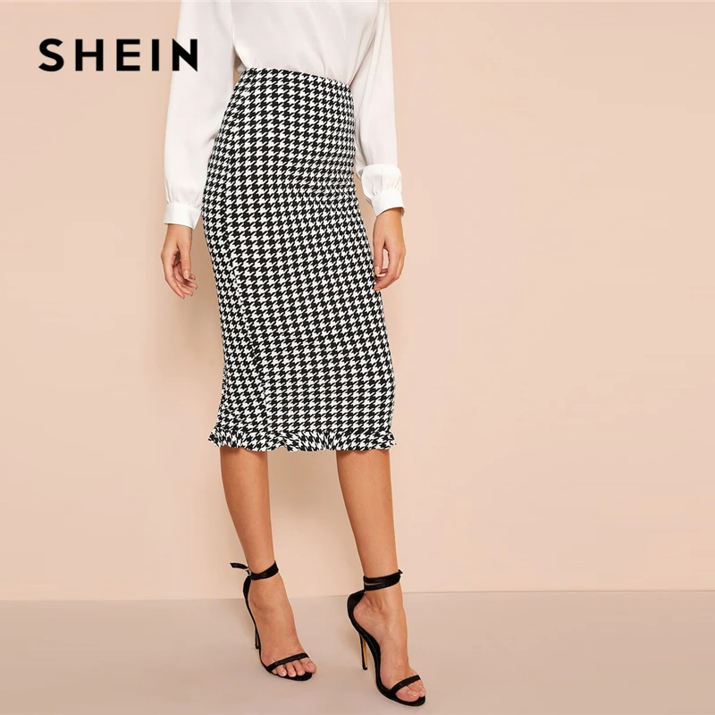SHEIN черно-белая облегающая юбка-футляр с оборкой и рисунком «гусиная лапка», Женская Весенняя элегантная повседневная прямая Длинная юбка с высокой талией
