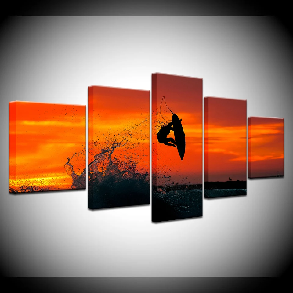 Морской серфинг С закатом неба 5 шт. обои Художественная печать на холсте