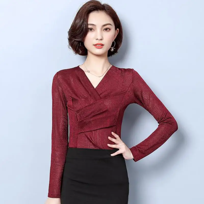 

Осенне-весенняя офисная элегантная женская винно-Красная Зеленая темно-синяя стрейчевая рубашка с длинным рукавом и v-образным вырезом, обл...