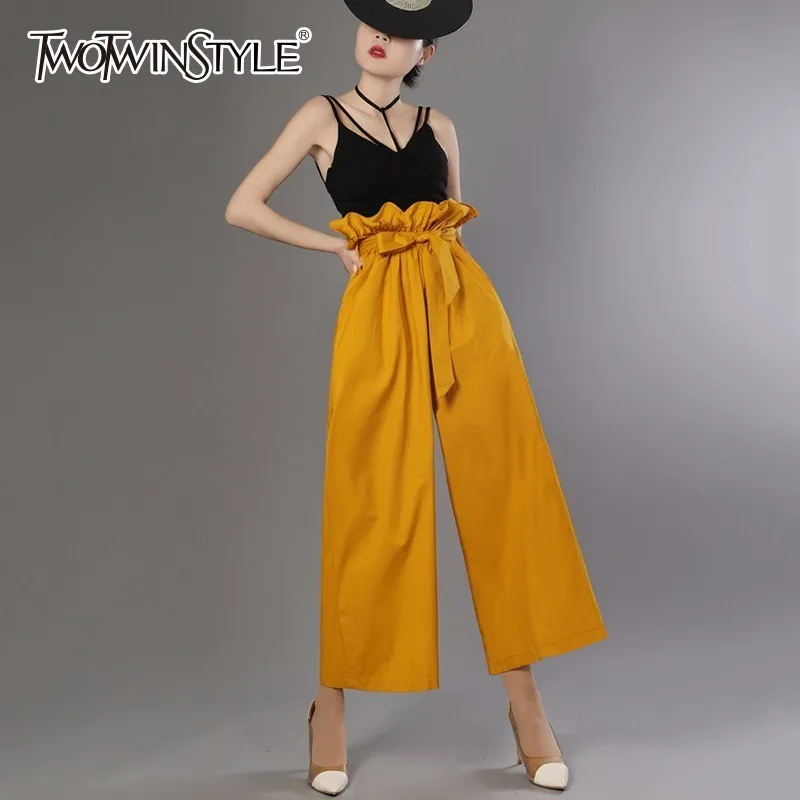 Женские широкие брюки TWOTWINSTYLE весенние оверсайз с поясом оборками высокой талией