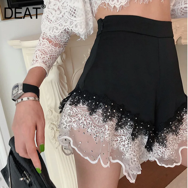 Женские свободные короткие брюки DEAT кружевные лоскутные с вышивкой и высокой