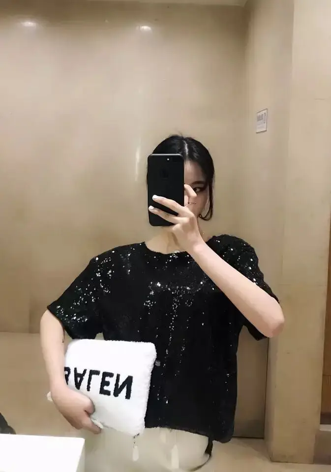 12 цветов, весна-лето, женские шикарные футболки для студентов, блестящие повседневные футболки с коротким рукавом, женские топы с блестками