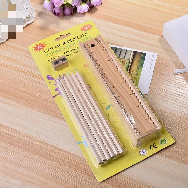 12 шт./лот милый цветной карандаш деревянная коробка с линейкой точилка для