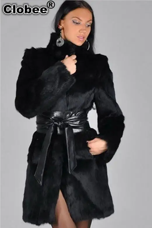 S XXXL пальто из кроличьего меха с поясом женские зимние куртки искусственного