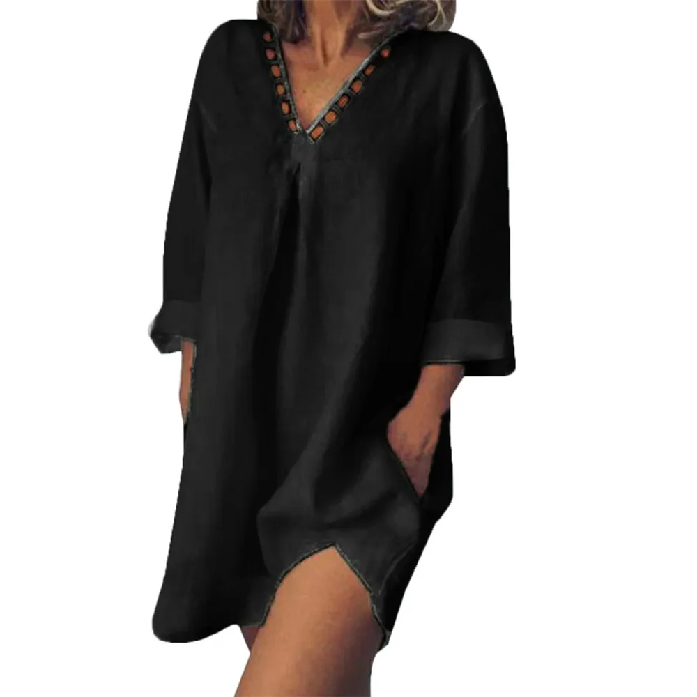 JAYCOSIN Женская одежда с V образным вырезом длинным рукавом свободное платье для