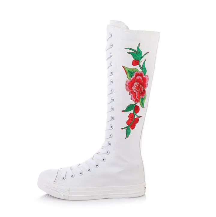white red flower Женские высокие парусиновые сапоги с цветочной вышивкой; женские сапоги до колена на молнии сбоку; сезон весна-осень; Женская парусиновая обувь; кроссовки на плоской подошве - Цвет: white red flower