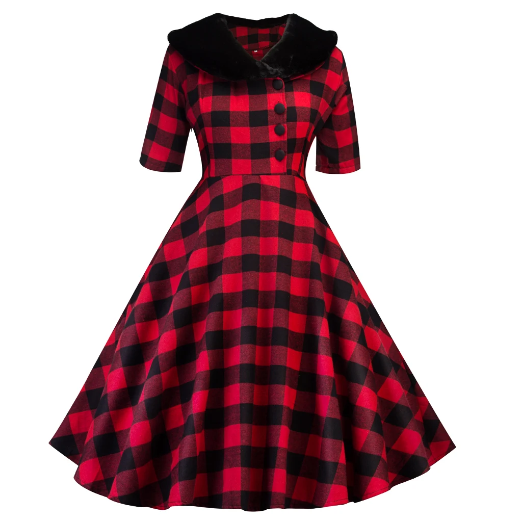 Винтажное клетчатое ретро-платье женские зимние утепленные элегантные стильные