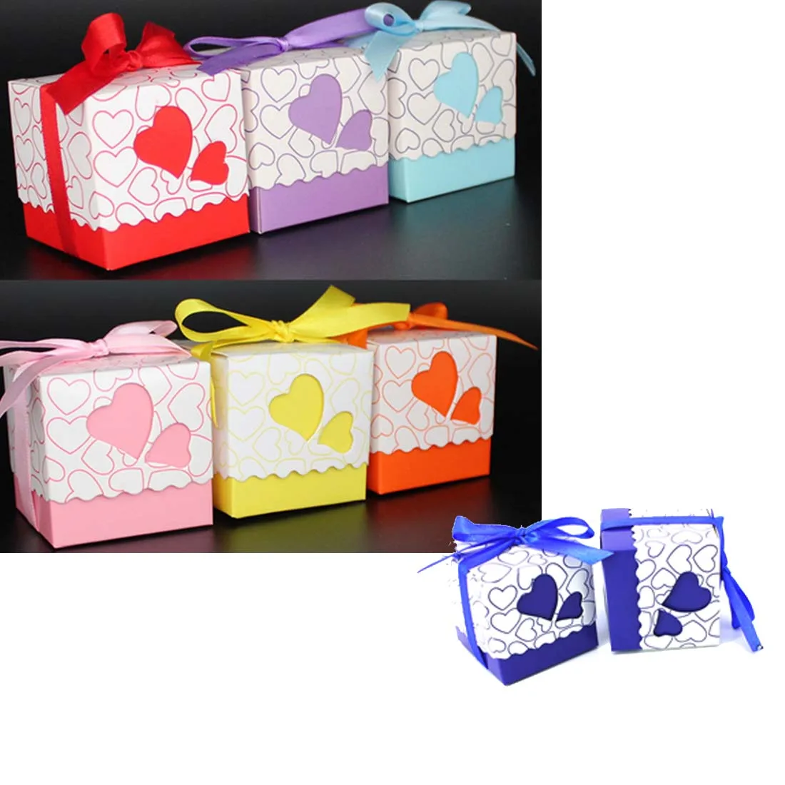 

100pcs/set Double Hollow Love Heart Wedding Candy Boxes Design Laser Cut Wedding Party Favor Gifts Candy Bags With Ribbon