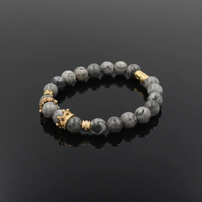 Винтажный браслет с шармом с короной Pulseiras Masculinas натуральный мраморный камень шарик эластичный браслет Для Йоги Женский Pulseras мужской браслет