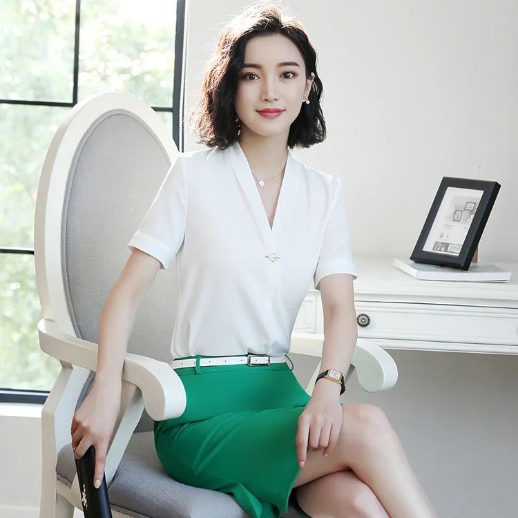 Женская шифоновая блузка с V образным вырезом белая/зеленая/Розовая однотонная