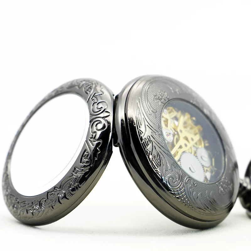 Antique Round Pattern Engraving Roman Numerals Mechanical Pocket Watch Retro Steampunk Manual Winding Fob Chain Men's Watch