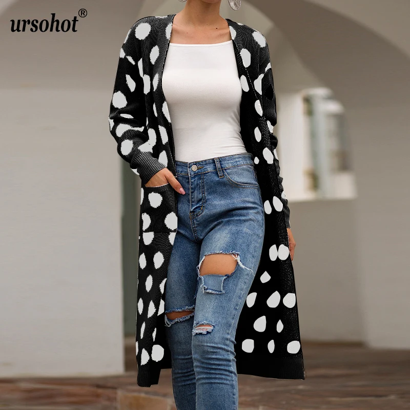 Ursohot, длинные свитера, вязаные, с карманами, пальто, открытая стежка, женский свитер, осенние зимние кардиганы, свитера, свободные, в горошек, джемперы