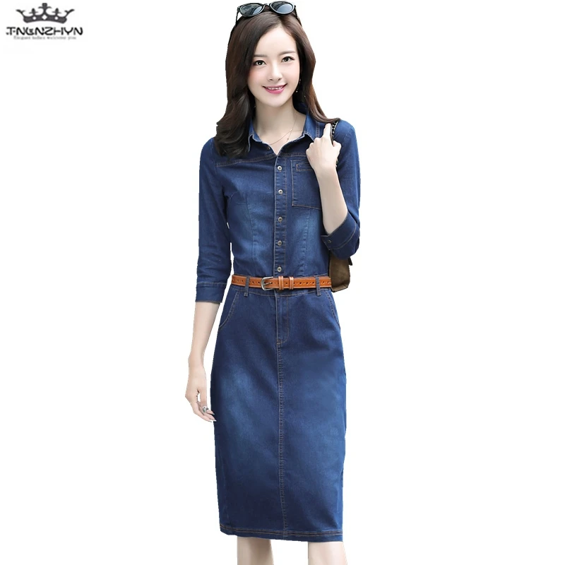 2019 сезон: весна–лето Для женщин платье из джинсовой ткани офис леди отложным