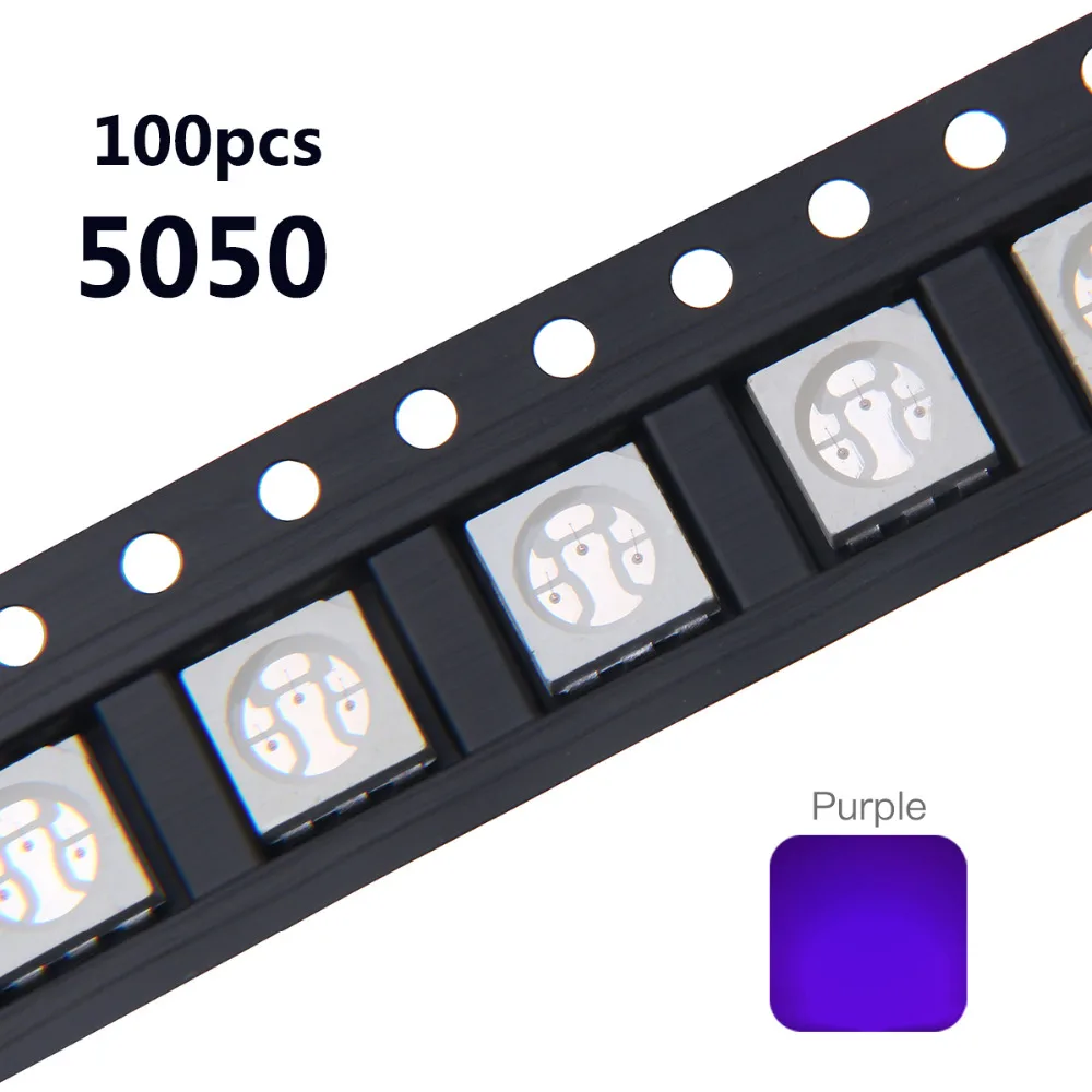 100 шт. УФ светодиодный SMD 5050 Чип фиолетовый поверхностный монтаж шарик 60ма Ультрафиолетовый 395nm-400nm светодиодный ультрафиолетовый светильник