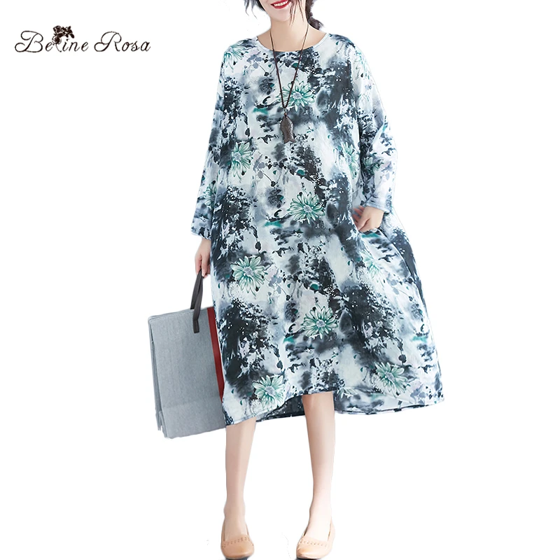 Женское платье с принтом BelineRosa весеннее из хлопка и льна большого размера BSDM0087 |