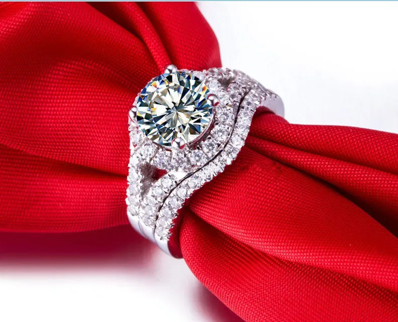 2CT Superb Sterling Silver Synthetic Diamond Rings Set Women S925 Wedding Classic Jewelry 18K White Gold Plated Halo Ring | Украшения и