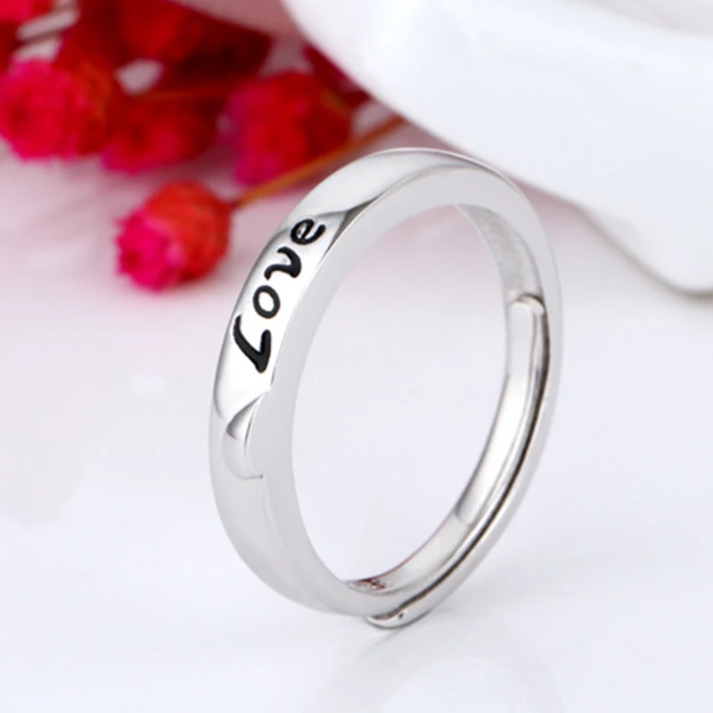 925 пробы серебряные кольца для пар с милыми буквами Forever Love, черные регулируемые кольца с надписью «половина сердца», свадебные ювелирные изделия для влюбленных - Цвет основного камня: love