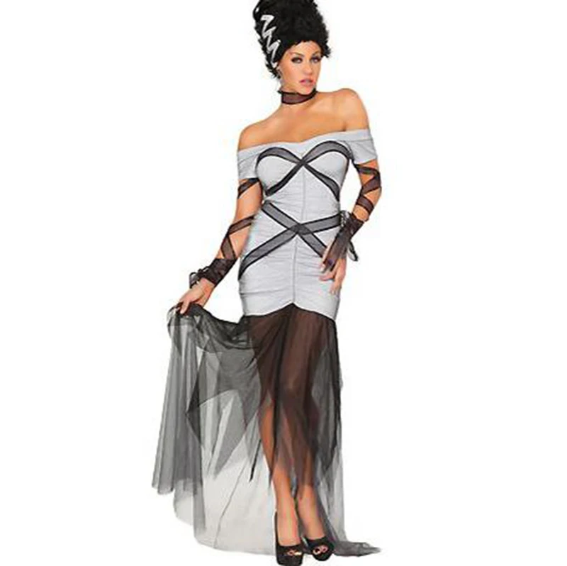

Sexy Off-shoulder Mesh Patchwork Halloween Costume Fashion Women Transparent Ruffle Adult Gothic Vampires Ghost Fancy Dress