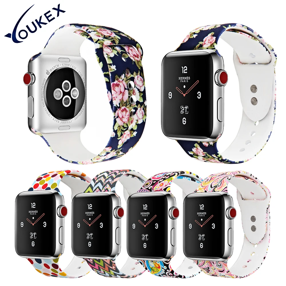 YOUKEX с цветочным принтом силиконовый спортивный ремешок для Apple Watch 38 мм 42 модный