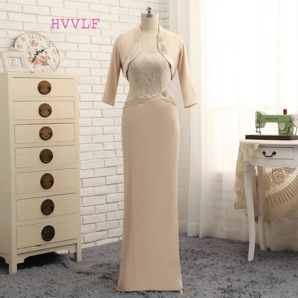 

Real Photo Mother Of The Bride Dresses Sheath Floor Length Lace With Jacket Champagne Long Mother Dresses For Wedding